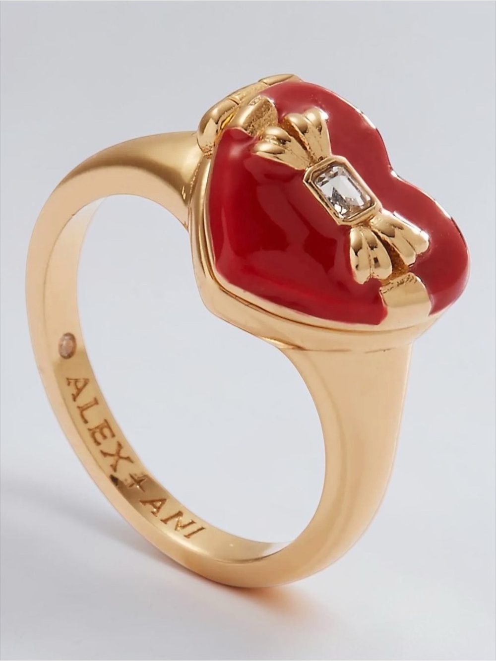 Alex and Ani Box of Chocolate Heart Locket Ring Gold Red Enamel NWT